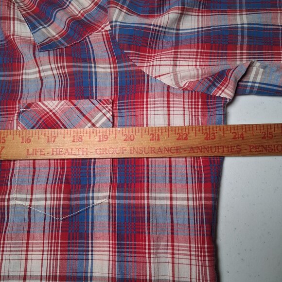 Wrangler Wrancher Shirt Women XL Western Pearl Snap Red Blue Plaid Rodeo Ranch - Picture 9 of 14